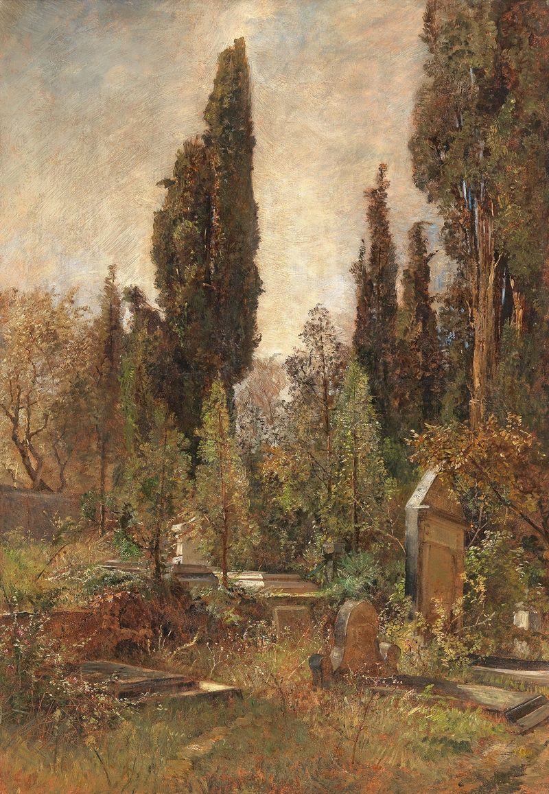 Old Cemetery de Marie Egner, representando lápidas y enredaderas, óleo