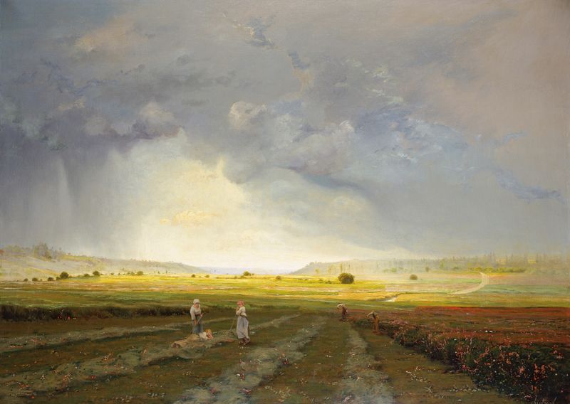 A Chuva, óleo sobre tela de Antoine Chintreuil, retratando uma paisagem com chuva e luz filtrando pelas folhagens.