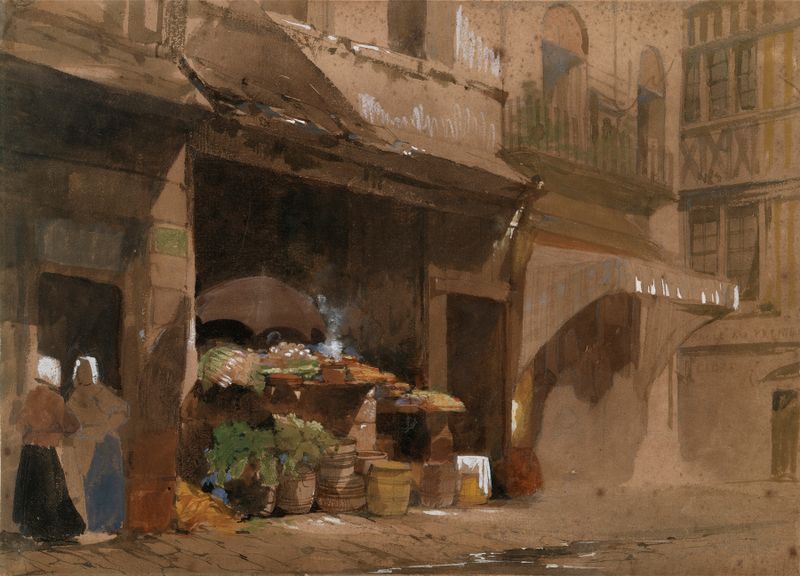 Rue Martainville, Rouen de Edward Hassell, óleo sobre lienzo que representa un paisaje de pueblo en decadencia