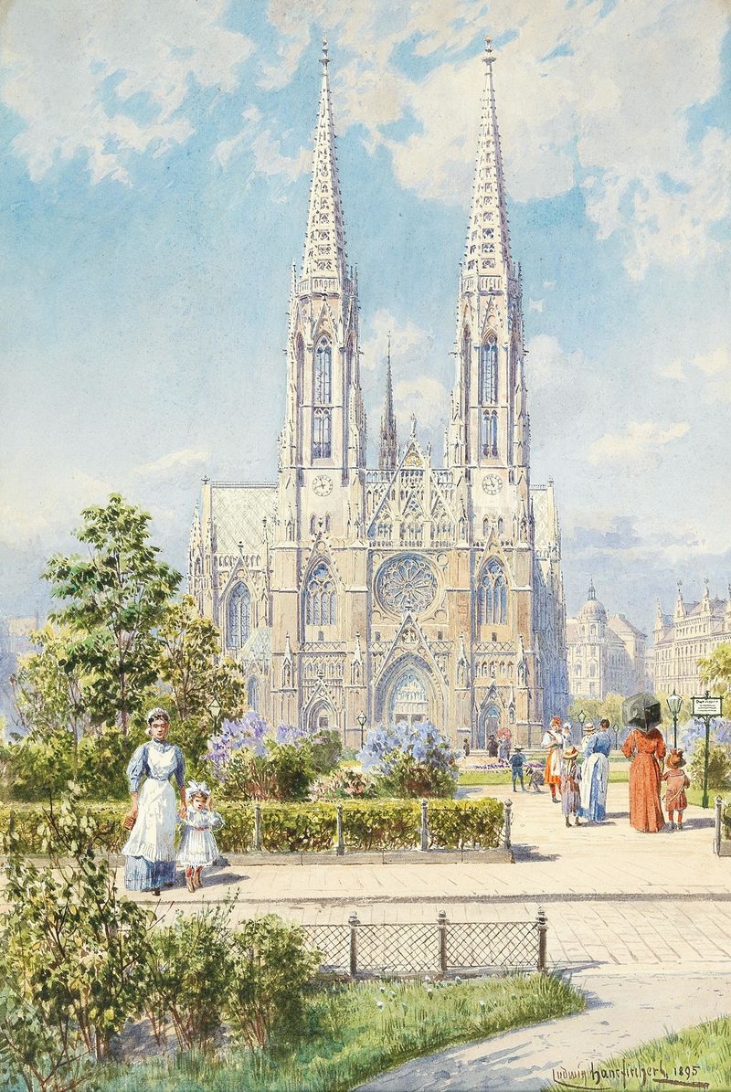 A sunny day near Votivkirche, oil on canvas by Ludwig Hans Fischer, featuring sunlight and a resting figure.