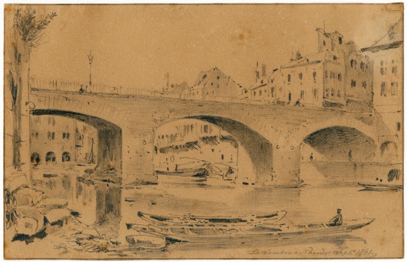 Landscape featuring a bridge over the Sambre River, oil painting by Pieter van Loon