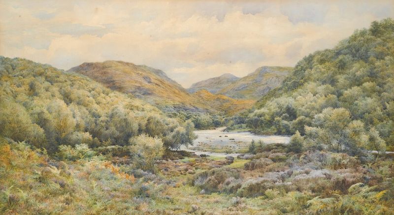 Paisaje con un río y brezo, pintura al óleo de Samuel William Oscroft