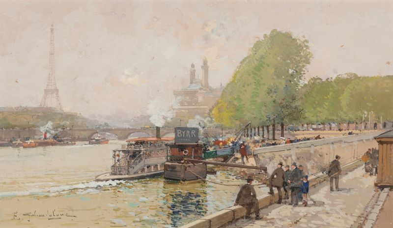 Cena de gênero de parisienses elegantemente vestidos no Quai de Passy, óleo sobre tela de Eugène Galien-Laloue