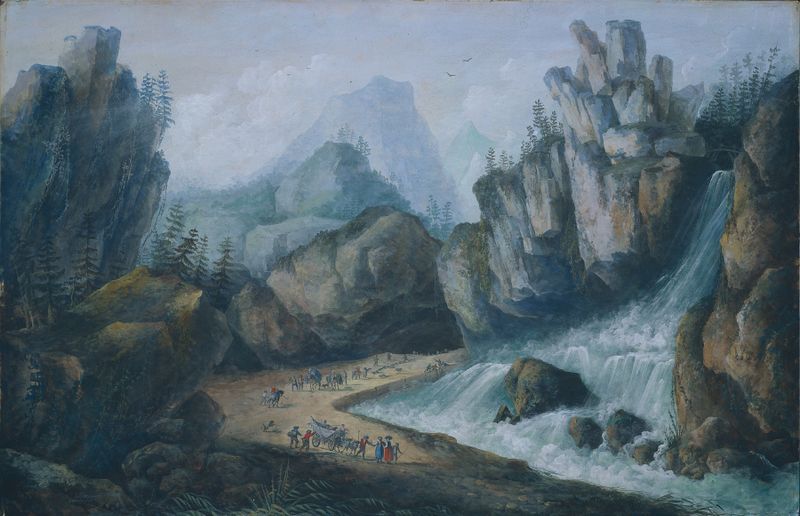 Torrent and Waterfall in the Alps by Louis Belanger, oil painting depicting a waterfall and mountains.