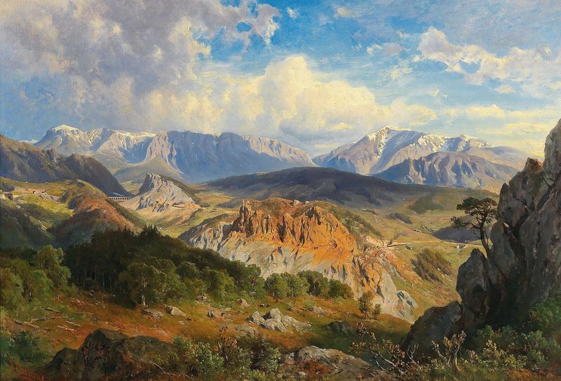 Vista de las montañas Rax y Schneeberg, óleo sobre lienzo de Johann Varrone
