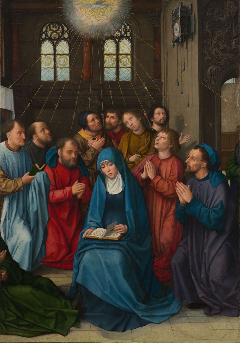 The Descent of the Holy Spirit, oil on canvas by Gerard David, featuring a dove and figures.