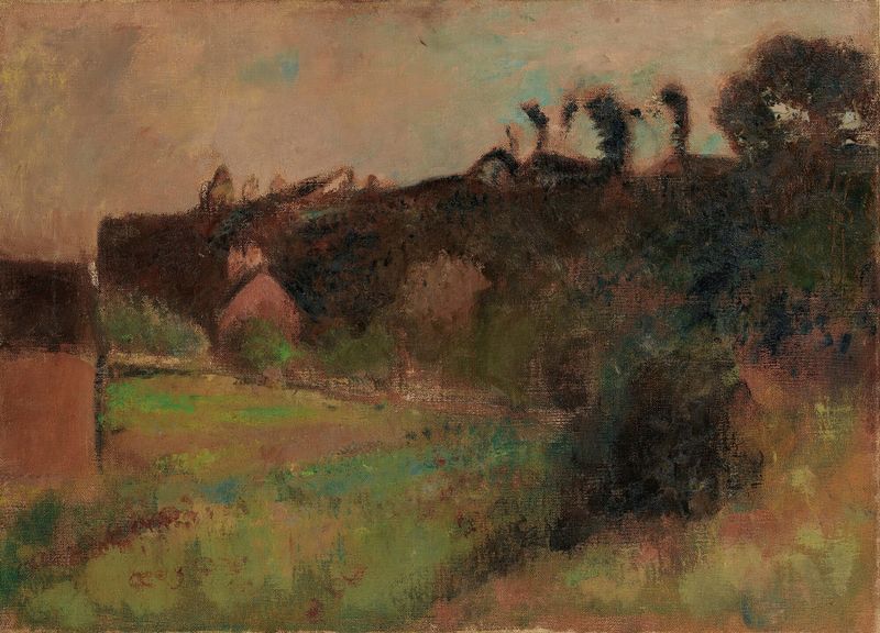 Pintura a óleo de paisagem de Edgar Degas mostrando casas ao pé de um penhasco