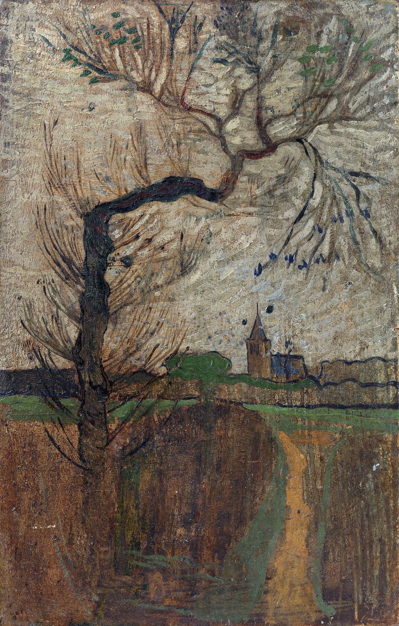 Landscape featuring a footpath, willows, and a distant village by Richard Nicolaüs Roland Holst, oil painting.