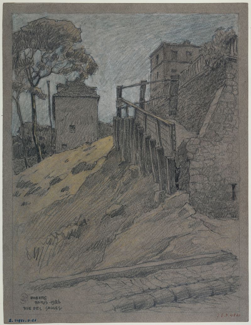 La rue des Saules, óleo sobre lienzo de Ferdinand Boberg, que representa una calle tranquila al anochecer.