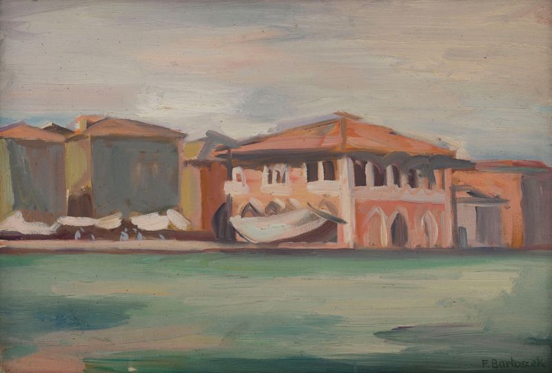 Venice by Franciszek Bartoszek, oil on canvas depicting serene water and architecture reflections.