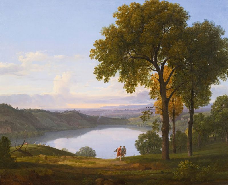 View Of Lake Nemi de Nicolas-Didier Boguet, pintura a óleo de um lago tranquilo com reflexos.