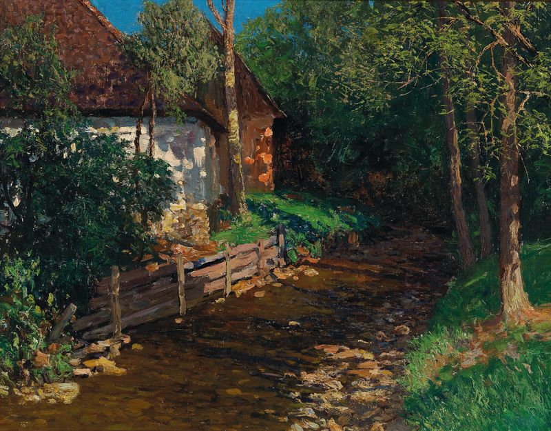 Paisaje impresionista al óleo de Alfred Zoff con follaje vibrante y tonos terrosos.