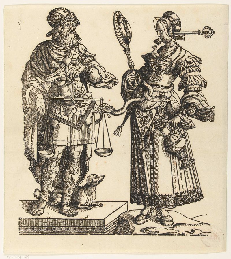 Desenho figurativo em papel de Cornelis Anthonisz retratando um homem e uma mulher sábios.