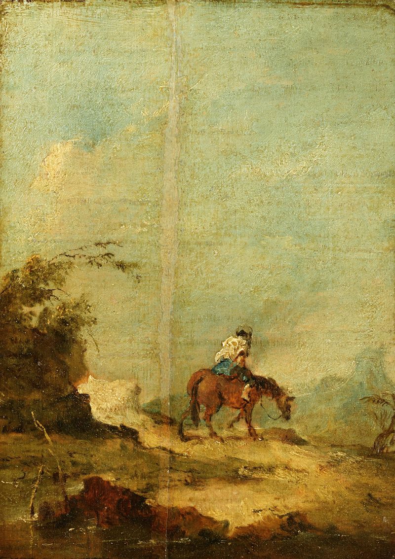 Paisagem rococó com um cavaleiro em um cavalo de Francesco Guardi