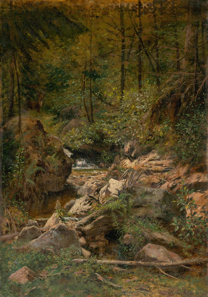Forest Stream by Eduard Majsch, impressionism, depicting a serene landscape with a flowing stream and lush greenery.