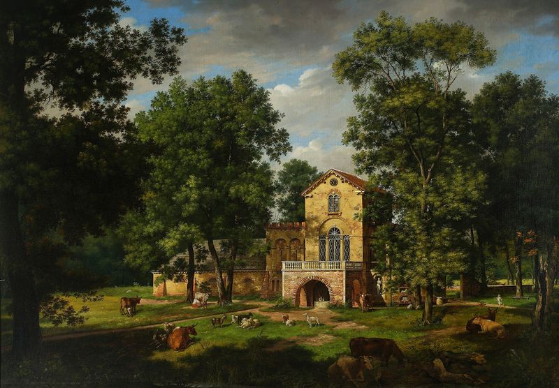 Landscape featuring a cowshed and trees, oil painting by Wincenty Kasprzycki