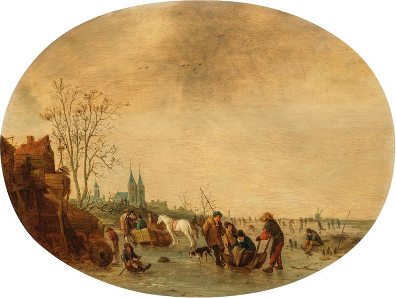A winter landscape with skaters on ice, oil on canvas by Isaac van Ostade.