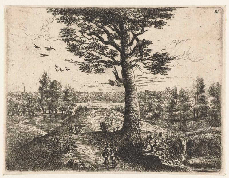 Etching by Philips Augustijn Immenraet depicting a couple walking through a landscape.
