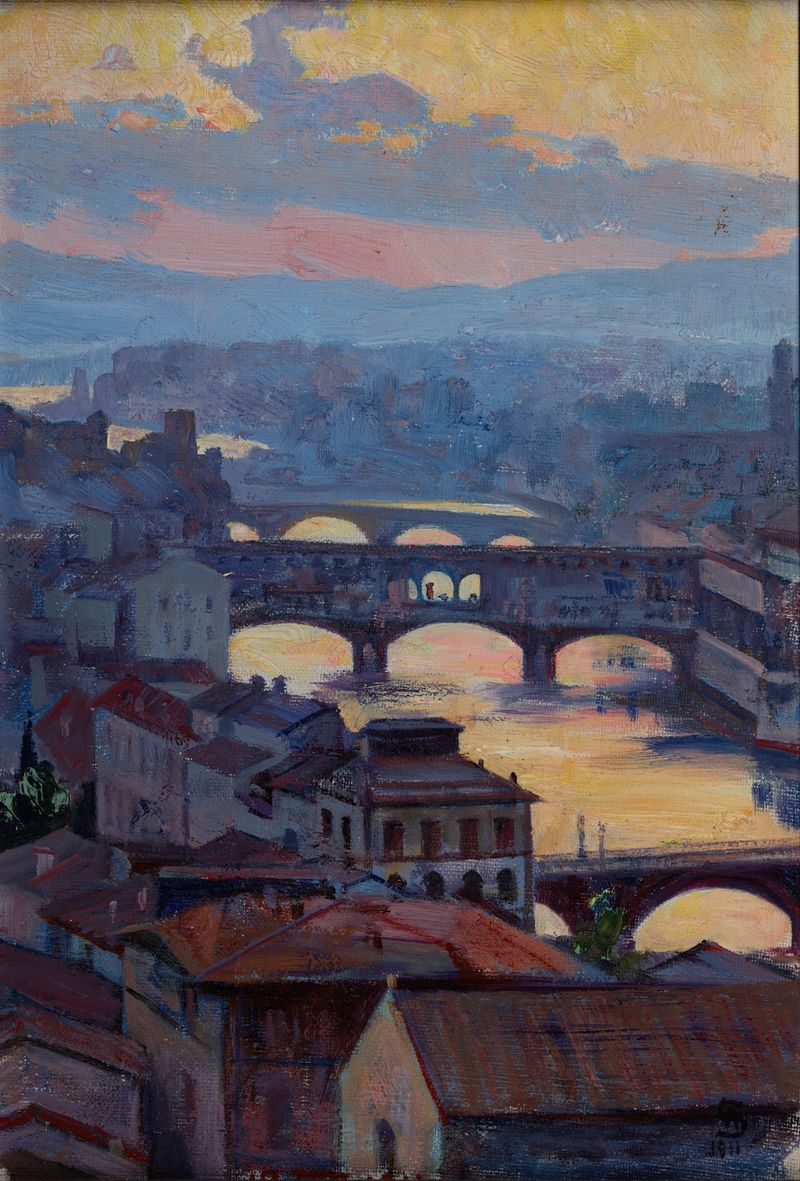 Sunset over Arno de Ambroży Sabatowski, óleo sobre lienzo que representa un río al atardecer.