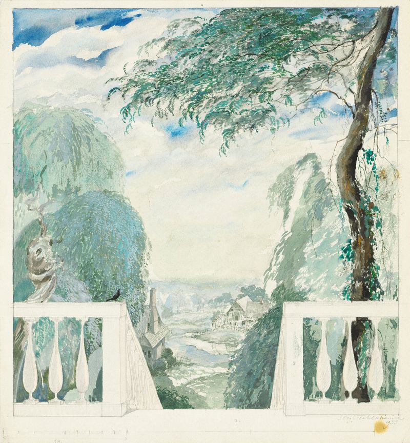 Oil painting by Sergey Chekhonin depicting a village from a terrace