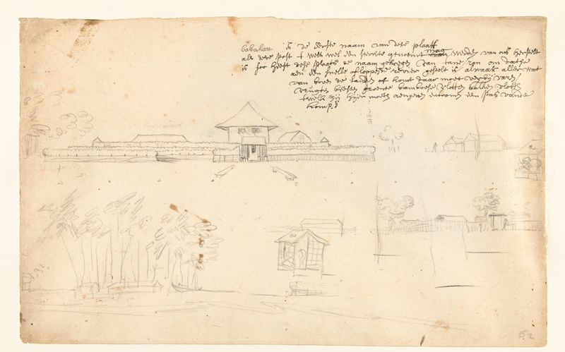 Desenho de paisagem de uma fortaleza cercada por vegetação de Unknown Artist