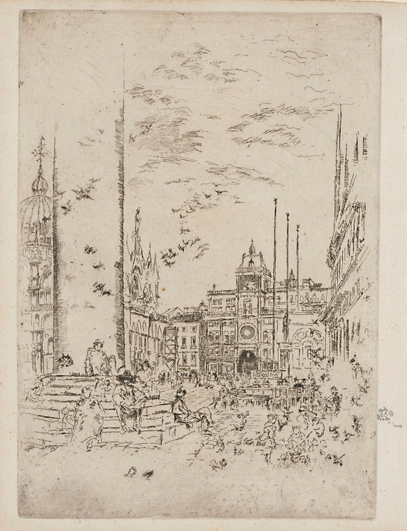 The Piazzetta de James Abbott McNeill Whistler, pintura a óleo com silhuetas contra águas serenas.