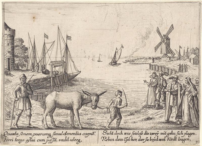 Grabado de Wenceslaus Hollar que muestra a un agricultor con su burro en un entorno rural.