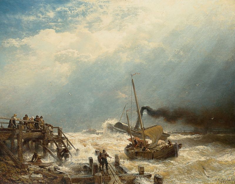 Hafen von Ostende de Andreas Achenbach, óleo que representa un puerto tranquilo con barcos y reflejos.