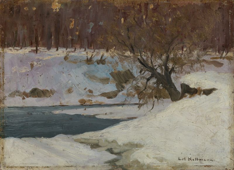 Winterliches Flussufer by Carl Hollmann, oil painting depicting a tranquil winter river landscape.