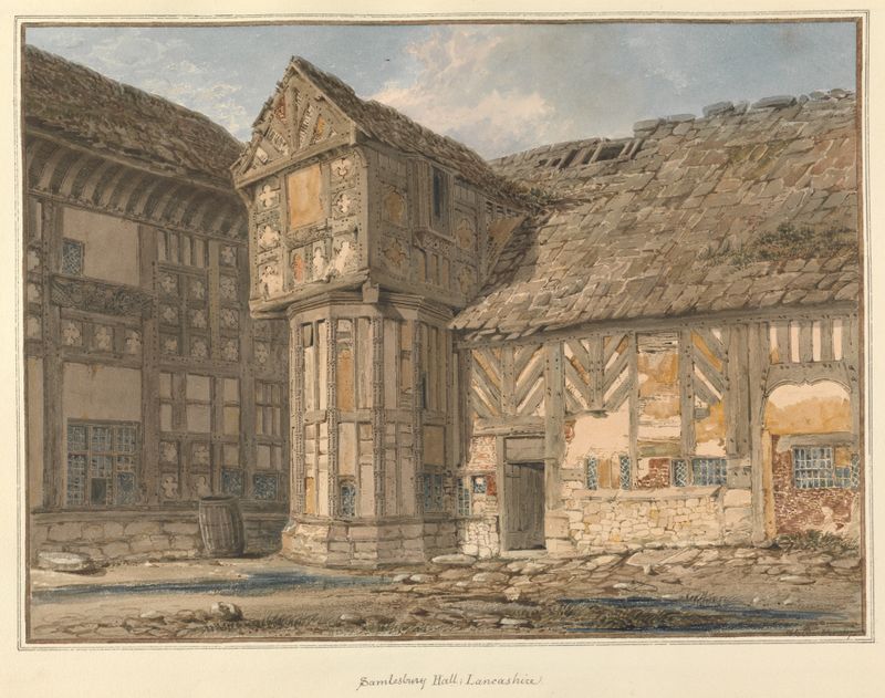 Acuarela de John Buckler que representa la intrincada arquitectura de Samlesbury Hall