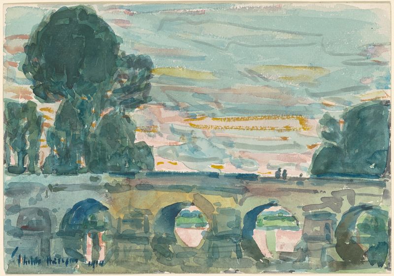 A Ponte em Grez de Childe Hassam, óleo sobre tela que retrata uma paisagem tranquila com uma ponte.