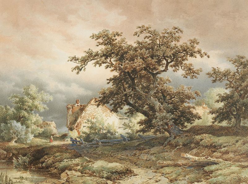Landscape oil painting by Remigius Adrianus van Haanen featuring an oak tree and farmhouse