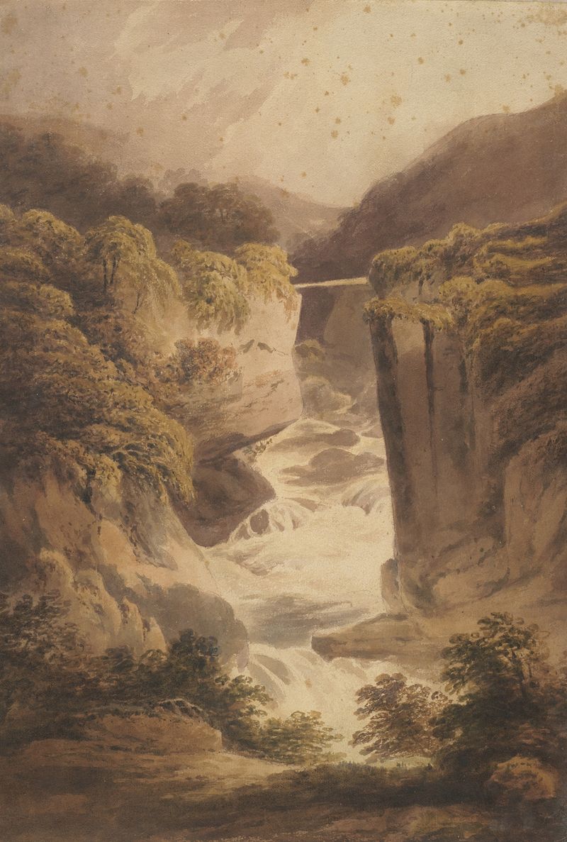 Mountain torrent by Francis Nicholson, oil painting depicting swirling colors and chaotic nature.