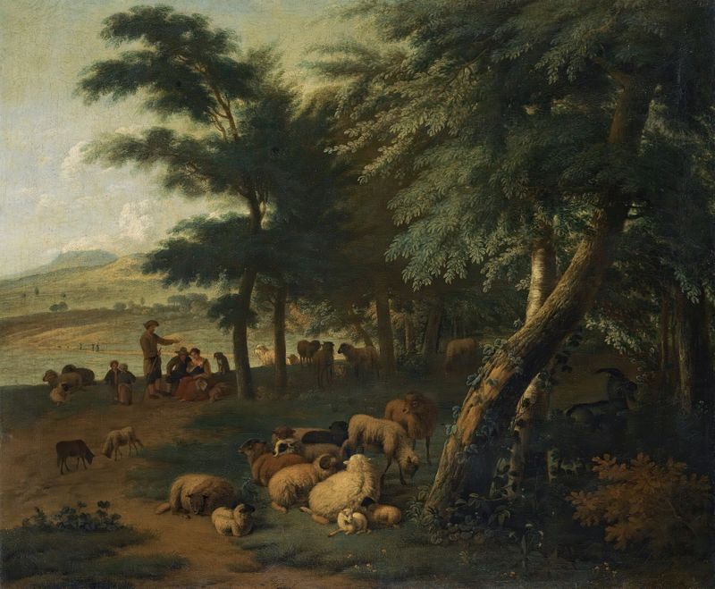 Shepherds resting with their flock in a woodland scene, oil painting by Jan van der Meer the Younger.