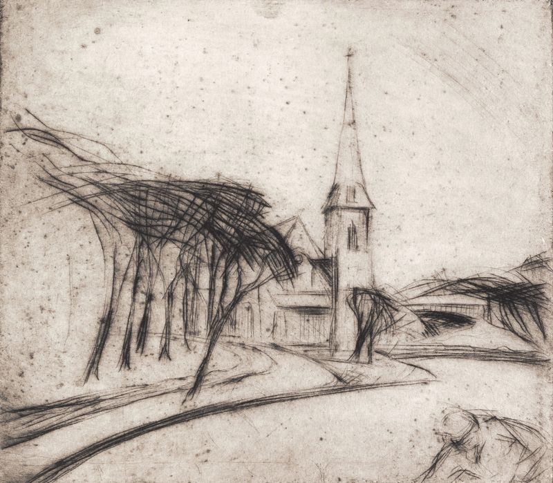 Pintura al óleo de paisaje de Alfred Simonsen que presenta un camino que lleva a una iglesia bajo un cielo azul.