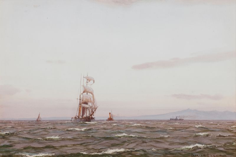 A Grey Morning off Arran, óleo sobre tela de Patrick Downie, retratando uma paisagem nevoenta sobre a água.