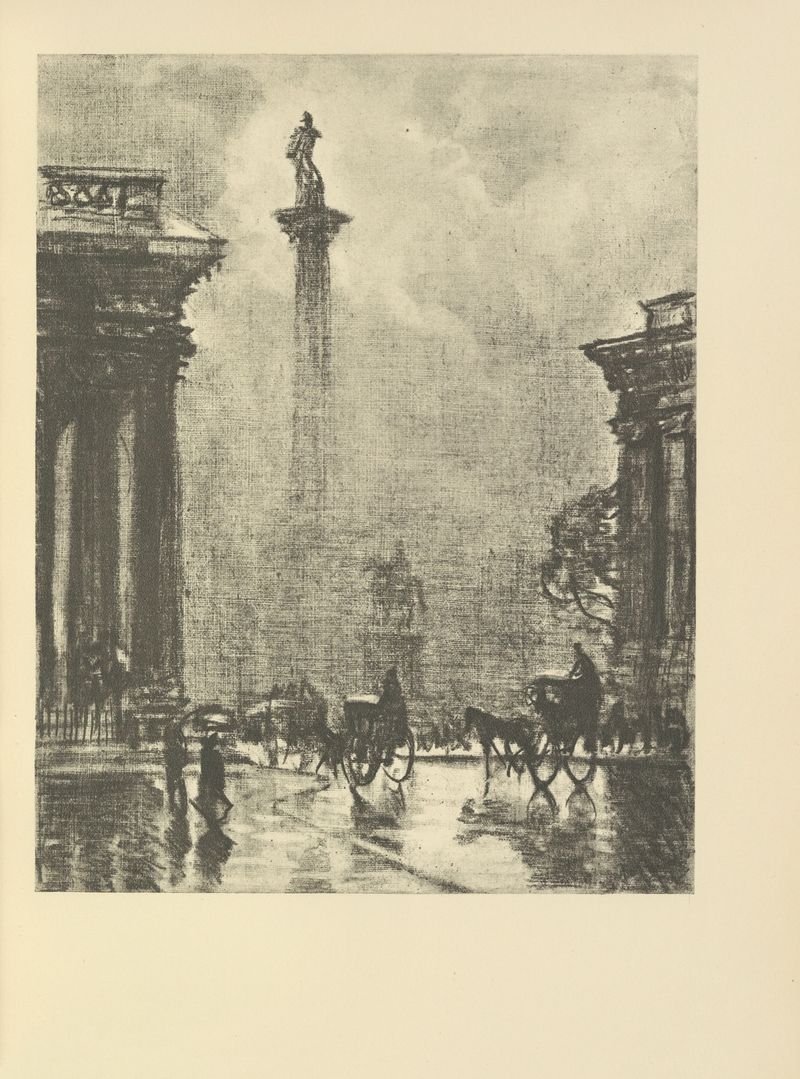 The Nelson Column, Modernismo de Joseph Pennell, con un monumento imponente y nubes en movimiento.