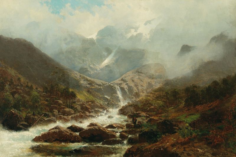 Thundering Mountain Torrent pintura al óleo de Robert Schultze que muestra aguas turbulentas y colores vibrantes