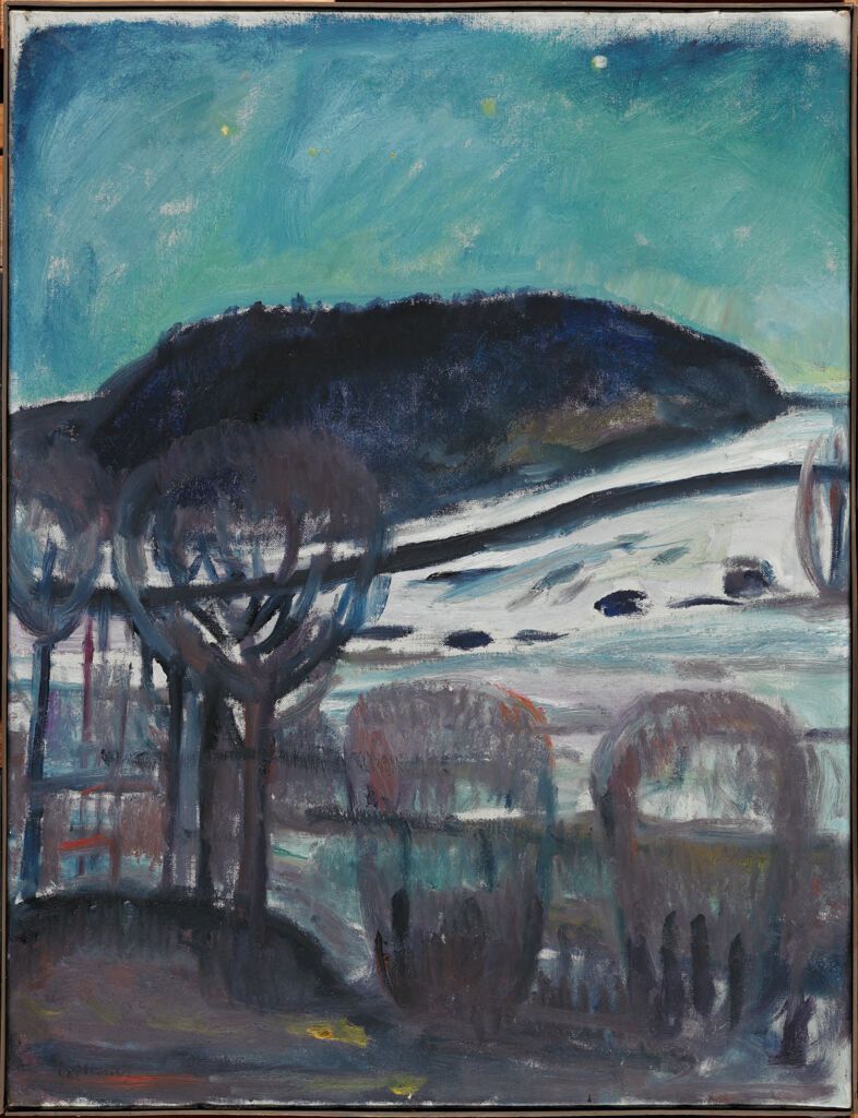 Winter landscape by Edvard Munch, oil on canvas, featuring moonlight over a snow-covered scene.