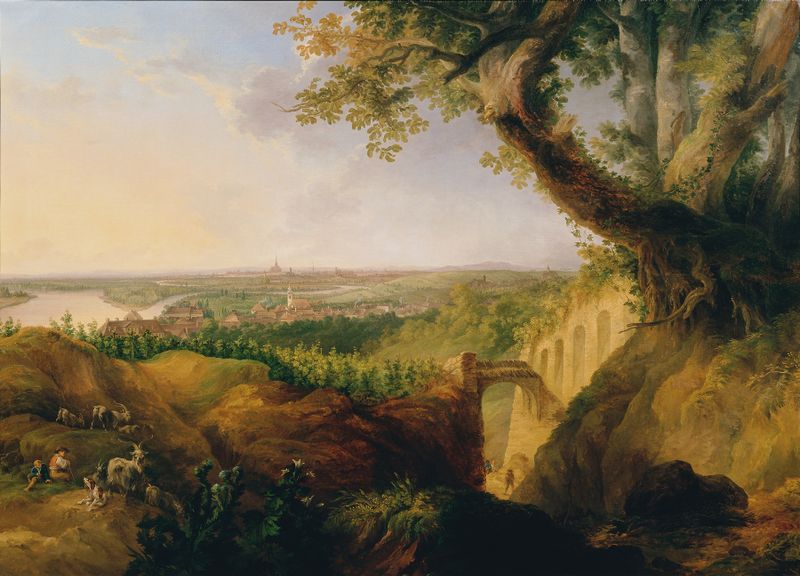 Vista de paisagem de Viena com rio, luz e sombra de Josef Fischer, pintura a óleo