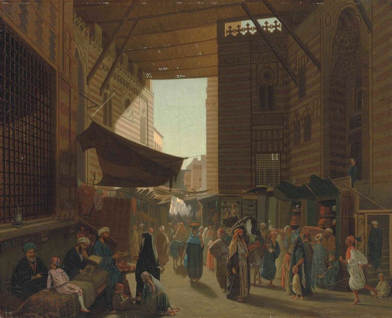 At the Bazaar, Cairo by Louis-Emile Pinel De Grandchamp, oil on canvas depicting a bustling market scene