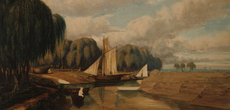 Pintura a óleo de paisagem de Prilidiano Pueyrredòn com colinas e árvores.