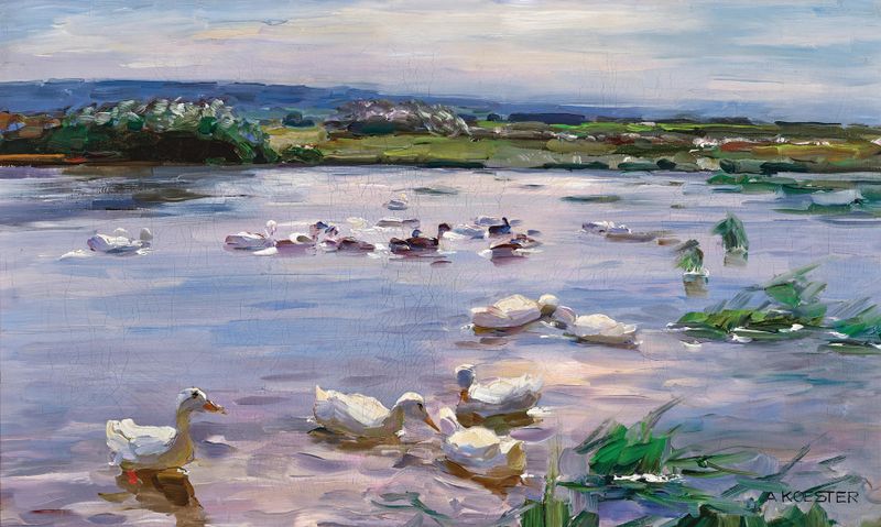 Ducks on the lakeside, oil on canvas by Alexander Koester