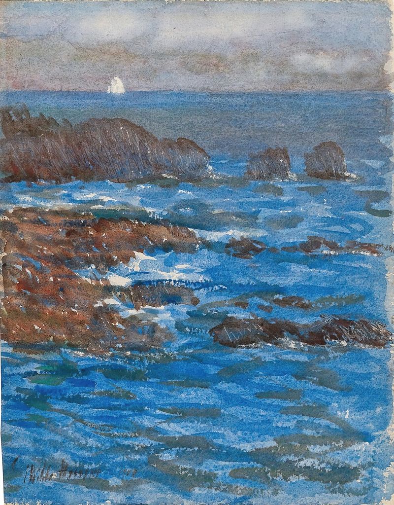 Cliffs and Sea, Appledore de Childe Hassam, óleo sobre tela que retrata falésias dramáticas e mar agitado