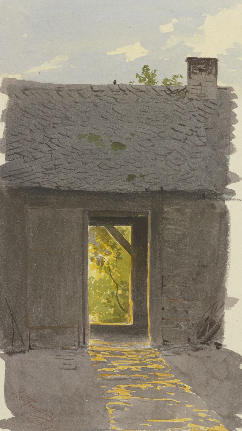 Interior scene of a barn with sunlight illuminating wooden beams, oil painting by Carl Theodor Reiffenstein.
