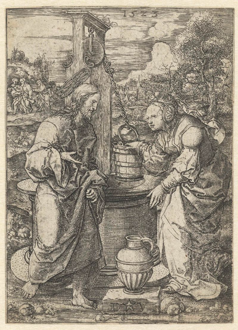 Gravura de Dirck Vellert retratando Cristo e a mulher samaritana em diálogo.