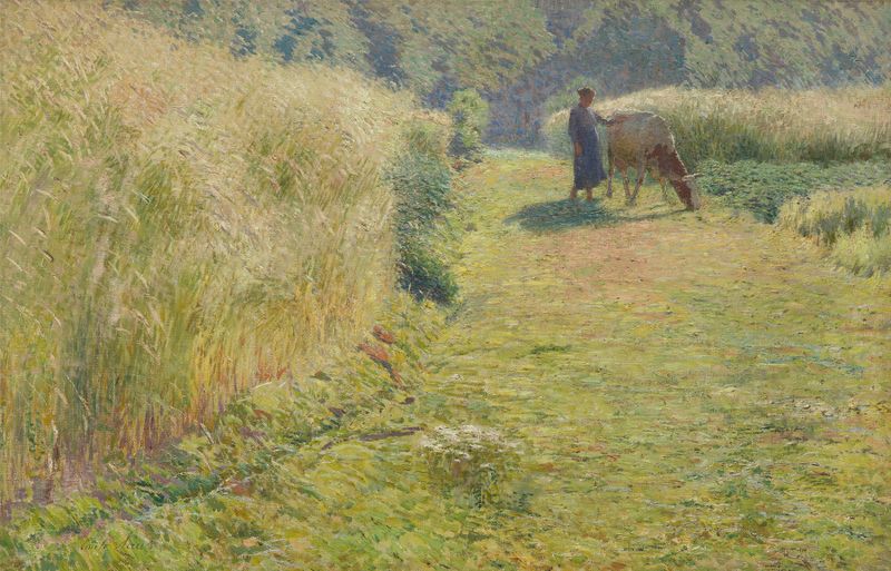 Landscape with golden wheat and sunlight by Emile Claus, oil painting
