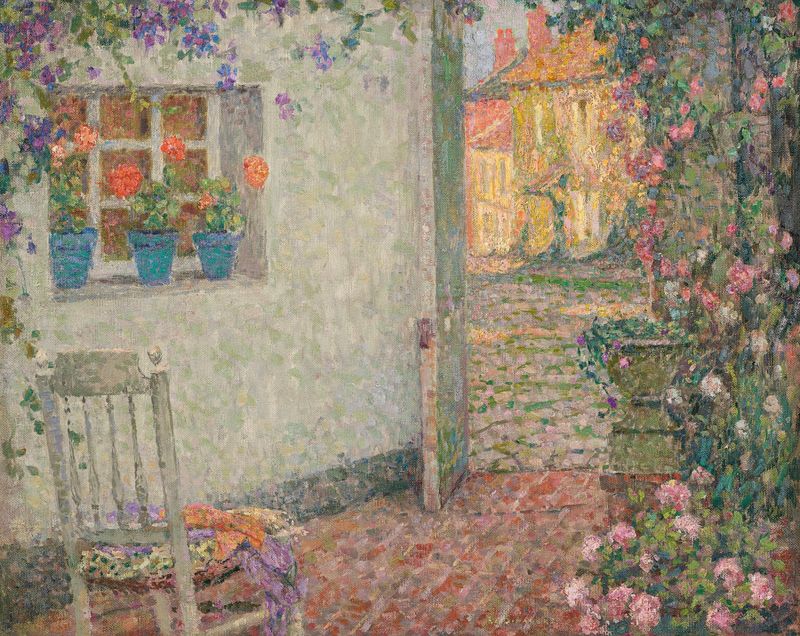 Cena interna com flores e luz, pintura a óleo de Henri Le Sidaner