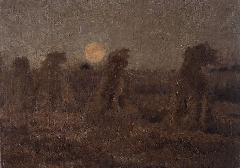 Landscape of haystacks under moonlight by Adrien-Joseph Heymans, 19th century