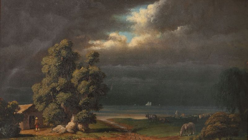 Costa del Rio de la Plata oil painting by Prilidiano Pueyrredòn depicting a river and lush vegetation.
